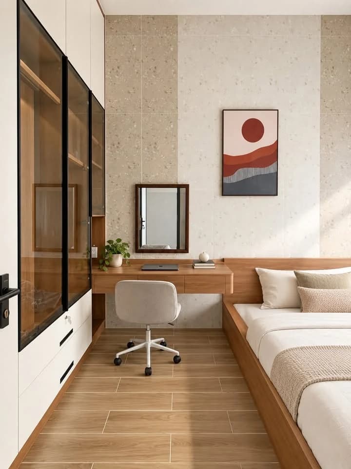 Không gian nghỉ ngơi với tông gỗ ấm và màu sáng