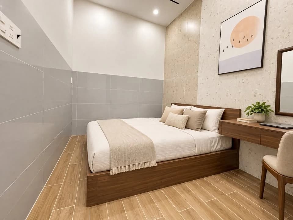 Bố trí giường và hệ tủ trong một tổng thể gọn gàng