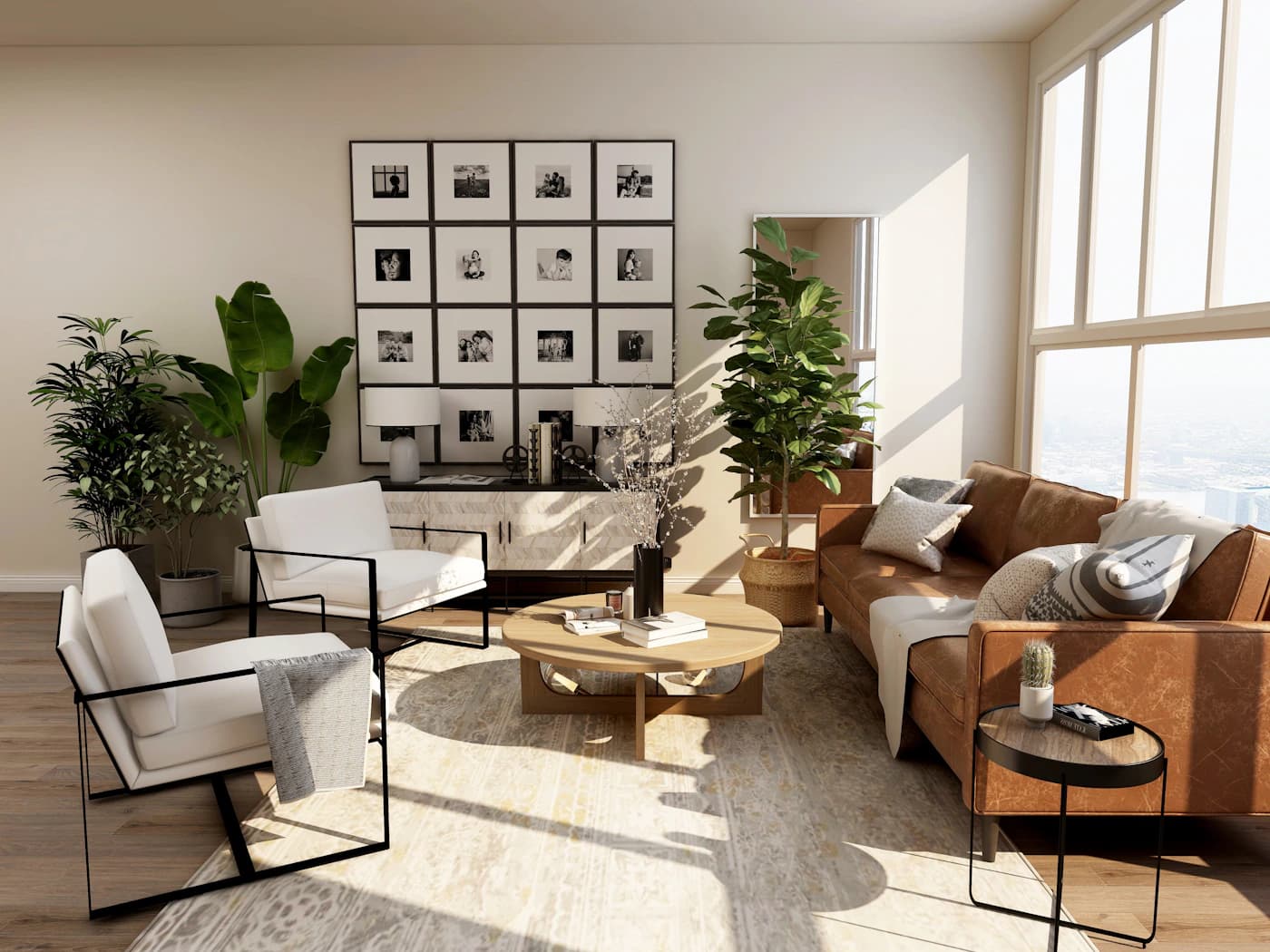 Không gian phòng khách sáng với sofa và vật liệu tự nhiên