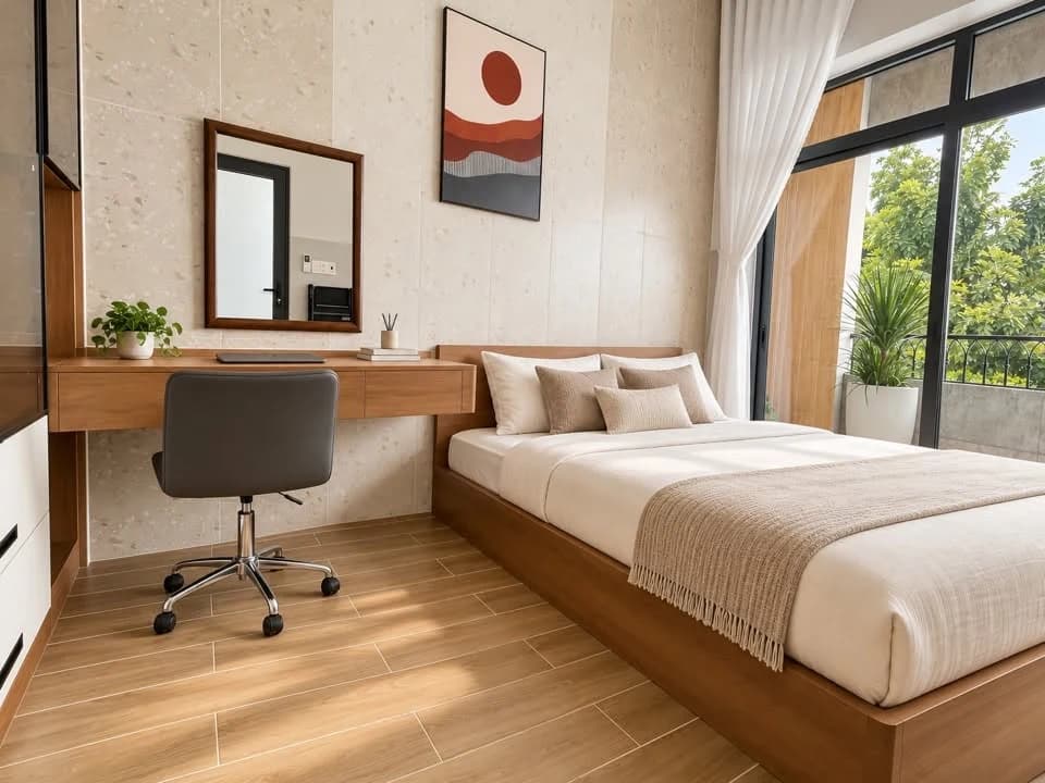 Phối cảnh phòng ngủ căn hộ: giường, tủ áo và bàn trang điểm đồng bộ trong tông gỗ ấm